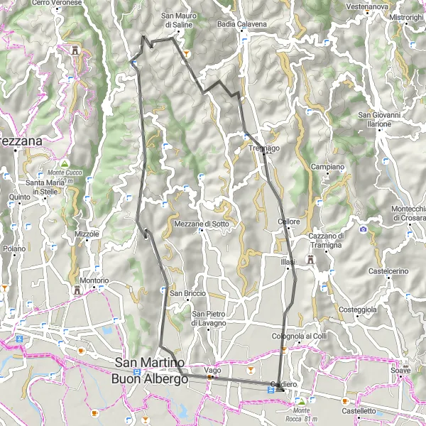 Miniatuurkaart van de fietsinspiratie "Rondrit van Caldiero naar Strà" in Veneto, Italy. Gemaakt door de Tarmacs.app fietsrouteplanner