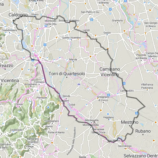 Kartminiatyr av "Vigardolo to Motta Road Cycling Route" sykkelinspirasjon i Veneto, Italy. Generert av Tarmacs.app sykkelrutoplanlegger