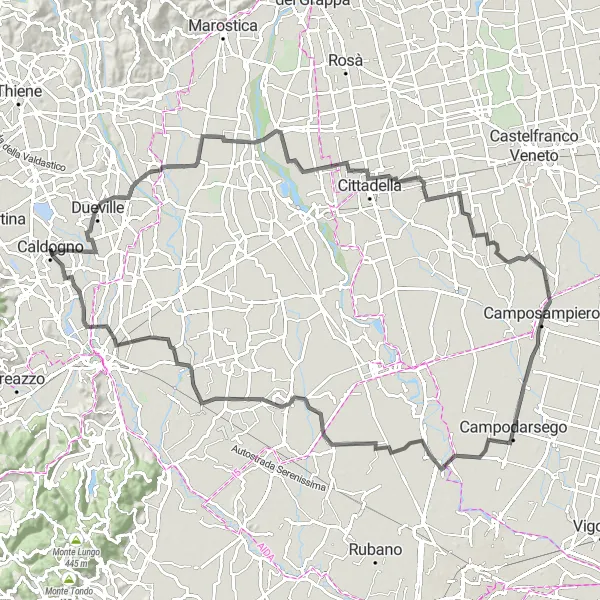 Miniatua del mapa de inspiración ciclista "Aventura en Dueville-Rettorgole" en Veneto, Italy. Generado por Tarmacs.app planificador de rutas ciclistas