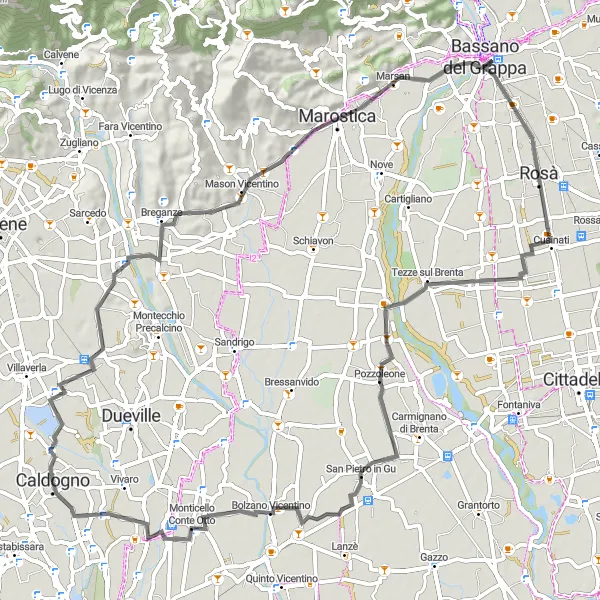 Karten-Miniaturansicht der Radinspiration "Straße Route von Caldogno nach Rettorgole-Cresole" in Veneto, Italy. Erstellt vom Tarmacs.app-Routenplaner für Radtouren