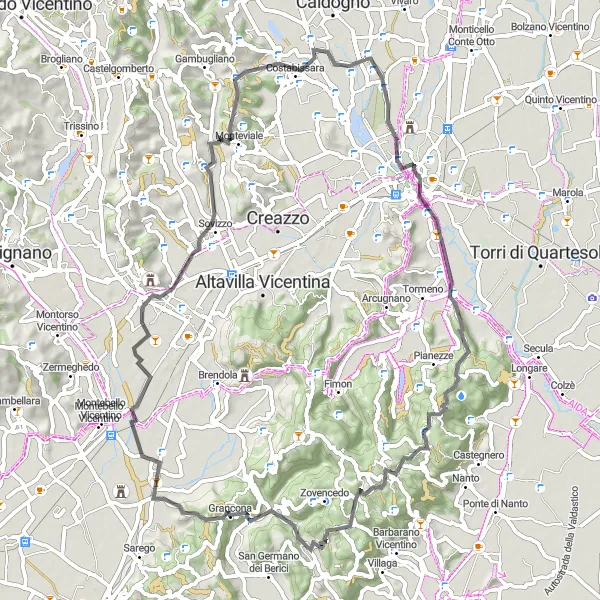 Map miniature of "Challenging Road Cycling Route from Caldogno-Rettorgole-Cresole" cycling inspiration in Veneto, Italy. Generated by Tarmacs.app cycling route planner