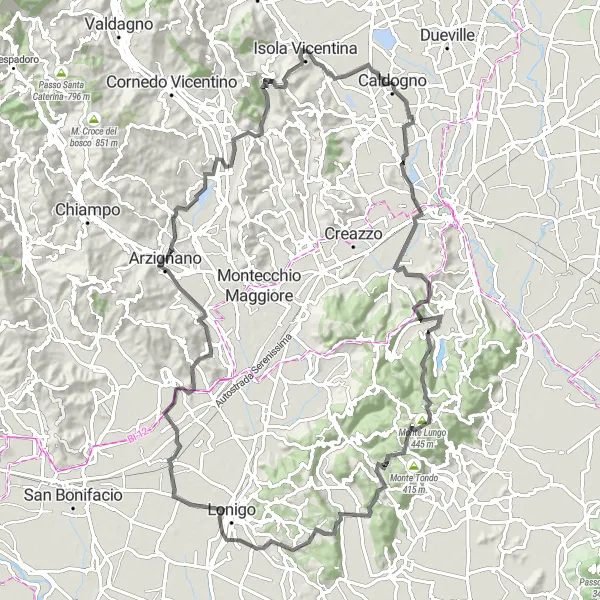 Kartminiatyr av "Arcugnano to Isola Vicentina Road Cycling Route" sykkelinspirasjon i Veneto, Italy. Generert av Tarmacs.app sykkelrutoplanlegger