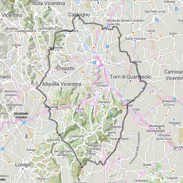 Map miniature of "Caldogno - Monte di San Pancrazio - Brendola Loop" cycling inspiration in Veneto, Italy. Generated by Tarmacs.app cycling route planner