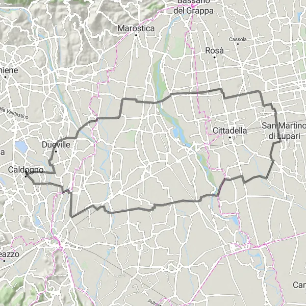 Miniatura della mappa di ispirazione al ciclismo "Giro in bicicletta da Caldogno a Cresole" nella regione di Veneto, Italy. Generata da Tarmacs.app, pianificatore di rotte ciclistiche