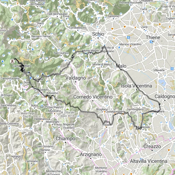 Map miniature of "Caldogno - Altissimo - Isola Vicentina Loop" cycling inspiration in Veneto, Italy. Generated by Tarmacs.app cycling route planner