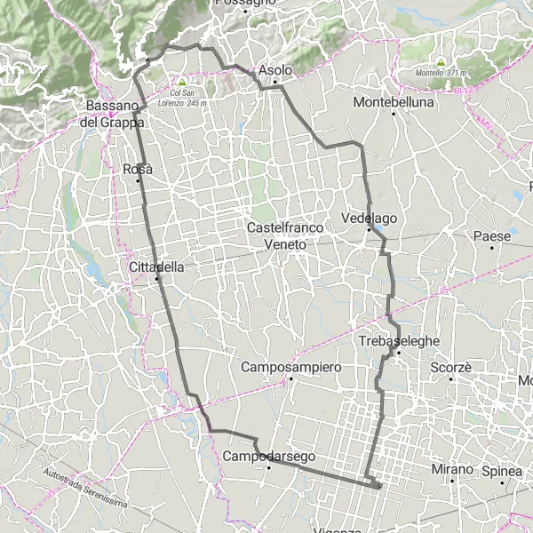 Miniature de la carte de l'inspiration cycliste "Tour de La Rocca-Semonzo del Grappa-Col Marbian-Casella d'Asolo-Casacorba" dans la Veneto, Italy. Générée par le planificateur d'itinéraire cycliste Tarmacs.app