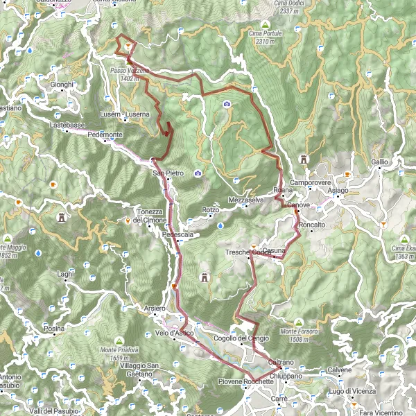 Miniatura mapy "Epicentrum rowerowych emocji w Piovene Rocchette" - trasy rowerowej w Veneto, Italy. Wygenerowane przez planer tras rowerowych Tarmacs.app