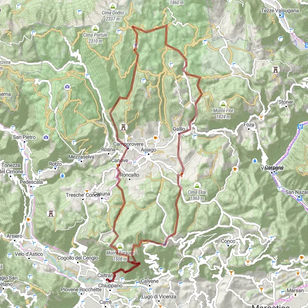 Miniature de la carte de l'inspiration cycliste "Aventures gravel autour de Caltrano" dans la Veneto, Italy. Générée par le planificateur d'itinéraire cycliste Tarmacs.app