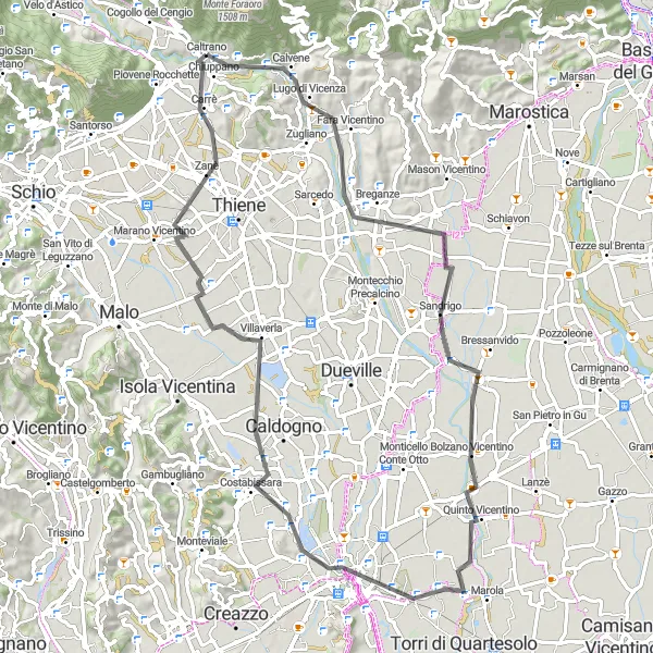 Miniature de la carte de l'inspiration cycliste "Escapade Urbaine de Vicenza" dans la Veneto, Italy. Générée par le planificateur d'itinéraire cycliste Tarmacs.app