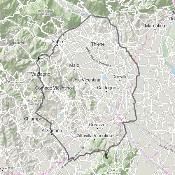 Miniaturní mapa "Cyklistická trasa Monte Grumo Alto" inspirace pro cyklisty v oblasti Veneto, Italy. Vytvořeno pomocí plánovače tras Tarmacs.app