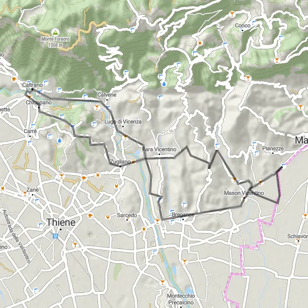 Miniature de la carte de l'inspiration cycliste "Tour de Caltrano: Les collines de la région de Vicence" dans la Veneto, Italy. Générée par le planificateur d'itinéraire cycliste Tarmacs.app