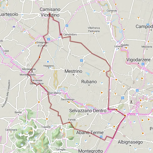 Miniaturní mapa "Gravelová cyklostezka poblíž Camisano Vicentino" inspirace pro cyklisty v oblasti Veneto, Italy. Vytvořeno pomocí plánovače tras Tarmacs.app