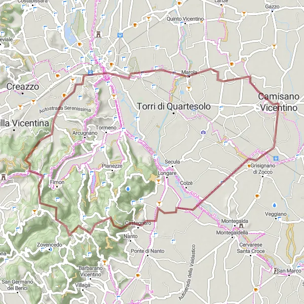 Miniatura della mappa di ispirazione al ciclismo "Percorso ciclistico gravel di 59 km da Camisano Vicentino" nella regione di Veneto, Italy. Generata da Tarmacs.app, pianificatore di rotte ciclistiche