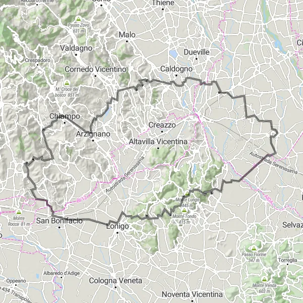 Map miniature of "Santa Maria di Camisano - Soave - Monte Mori Loop" cycling inspiration in Veneto, Italy. Generated by Tarmacs.app cycling route planner