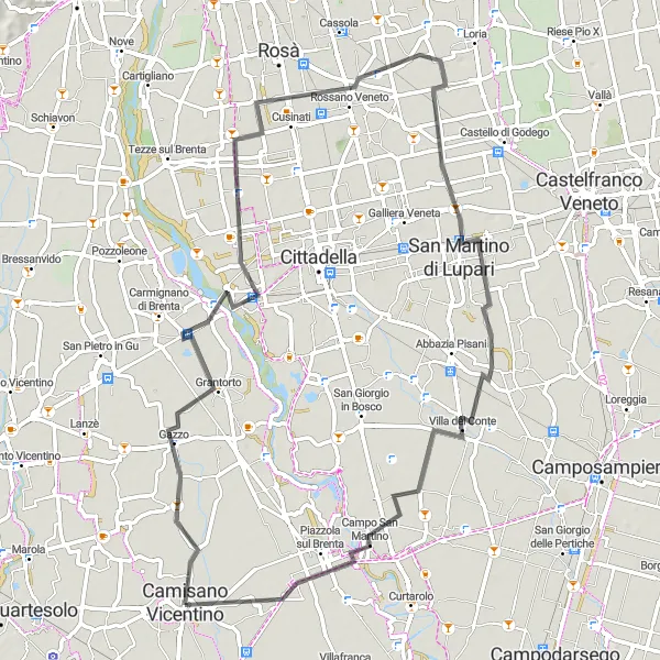 Miniatua del mapa de inspiración ciclista "Ruta por Grantorto, Rossano Veneto y San Martino di Lupari" en Veneto, Italy. Generado por Tarmacs.app planificador de rutas ciclistas
