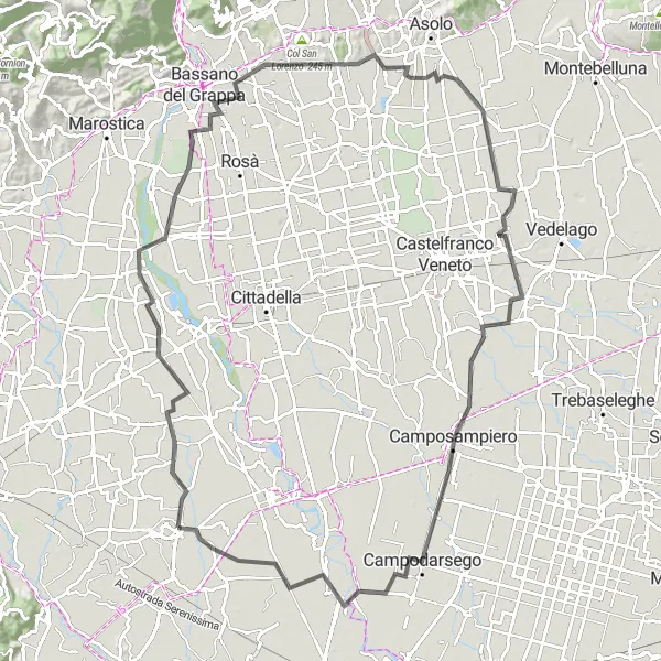 Map miniature of "Tezze sul Brenta - Villafranca Padovana Loop" cycling inspiration in Veneto, Italy. Generated by Tarmacs.app cycling route planner