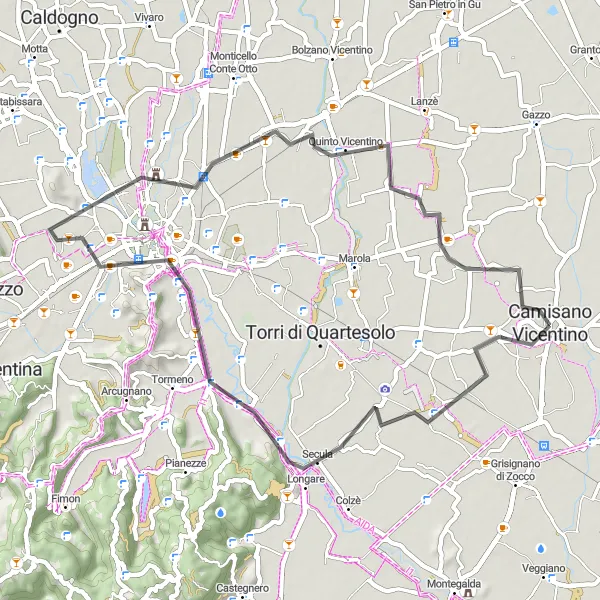 Miniaturní mapa "Krátký okruh směrem od Camisano Vicentino" inspirace pro cyklisty v oblasti Veneto, Italy. Vytvořeno pomocí plánovače tras Tarmacs.app