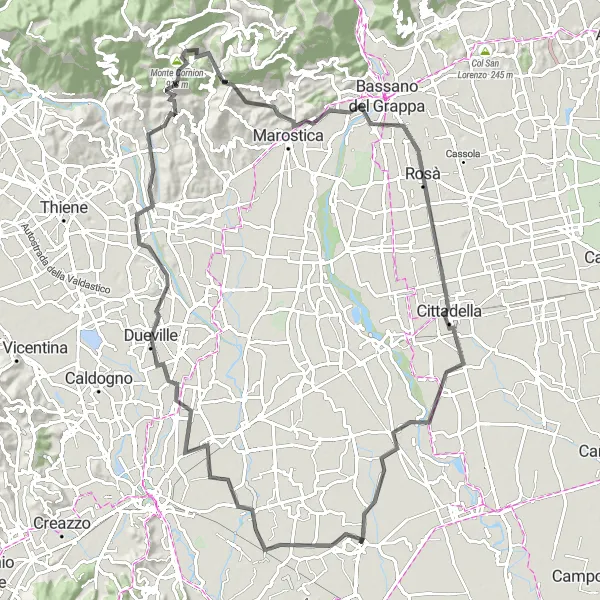 Miniatura della mappa di ispirazione al ciclismo "Tour in bicicletta di 103 km con partenza da Camisano Vicentino" nella regione di Veneto, Italy. Generata da Tarmacs.app, pianificatore di rotte ciclistiche