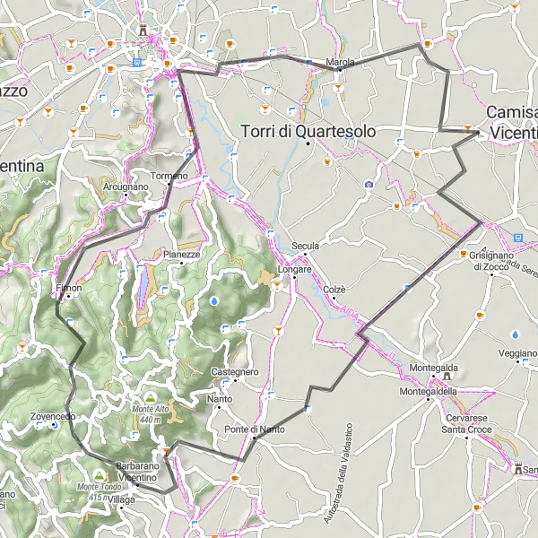 Miniaturní mapa "Cyklistická cesta kolem Camisano Vicentino" inspirace pro cyklisty v oblasti Veneto, Italy. Vytvořeno pomocí plánovače tras Tarmacs.app
