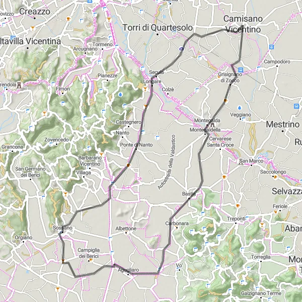 Miniaturní mapa "Jízda na kole kolem Camisano Vicentino" inspirace pro cyklisty v oblasti Veneto, Italy. Vytvořeno pomocí plánovače tras Tarmacs.app