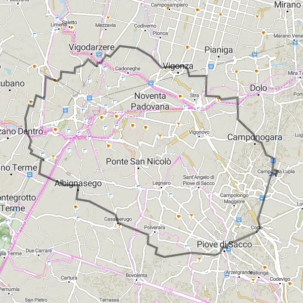 Zemljevid v pomanjšavi "Pot Piove di Sacco - Camponogara" kolesarske inspiracije v Veneto, Italy. Generirano z načrtovalcem kolesarskih poti Tarmacs.app