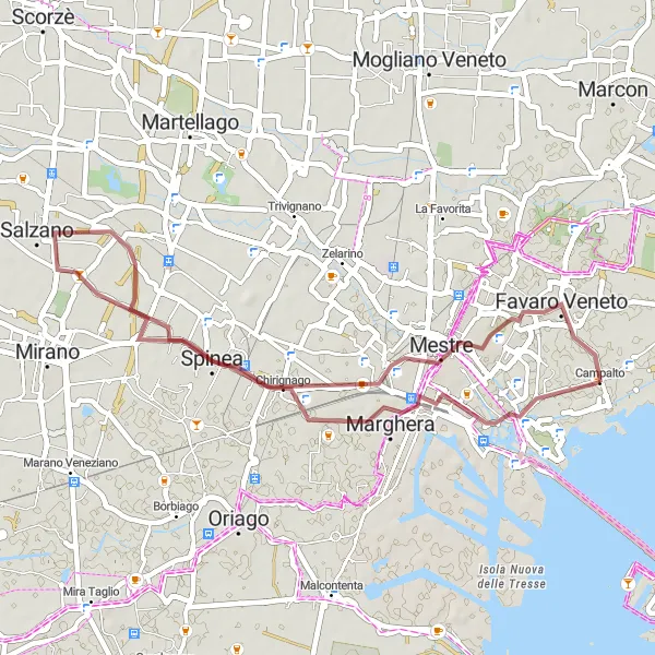 Miniaturní mapa "Gravelový okruh kolem Campalta" inspirace pro cyklisty v oblasti Veneto, Italy. Vytvořeno pomocí plánovače tras Tarmacs.app