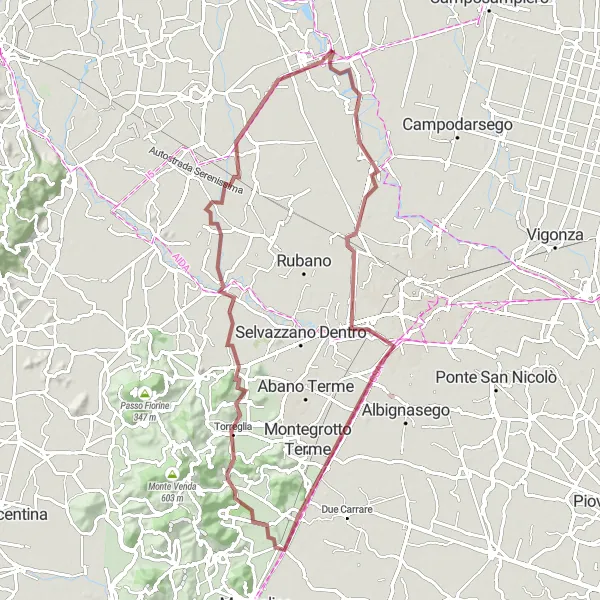 Miniatura della mappa di ispirazione al ciclismo "Gravel Tour delle Ville Venete" nella regione di Veneto, Italy. Generata da Tarmacs.app, pianificatore di rotte ciclistiche