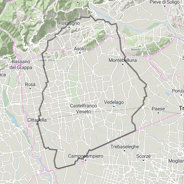 Karttaminiaatyyri "Historialliset kylien kautta suurenmoisella reitillä" pyöräilyinspiraatiosta alueella Veneto, Italy. Luotu Tarmacs.app pyöräilyreittisuunnittelijalla