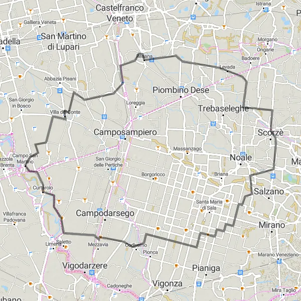 Zemljevid v pomanjšavi "Krožna kolesarska pot preko Villa del Conte in Scorzè" kolesarske inspiracije v Veneto, Italy. Generirano z načrtovalcem kolesarskih poti Tarmacs.app