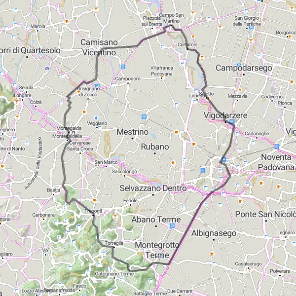 Map miniature of "The Padua Adventure via Curtarolo" cycling inspiration in Veneto, Italy. Generated by Tarmacs.app cycling route planner