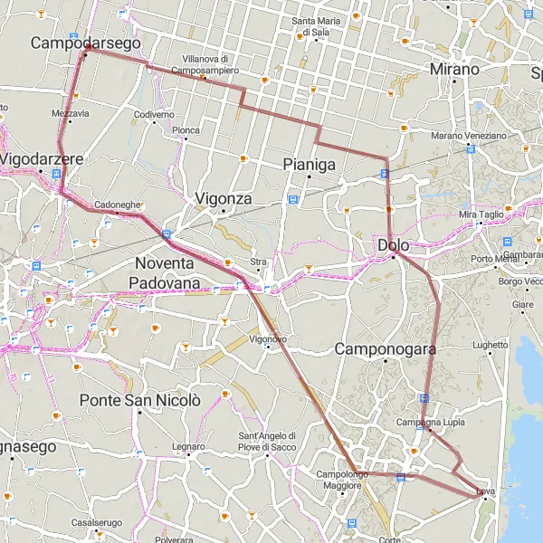 Kartminiatyr av "Äventyrlig grustrunda till Pianiga och Vigonovo" cykelinspiration i Veneto, Italy. Genererad av Tarmacs.app cykelruttplanerare