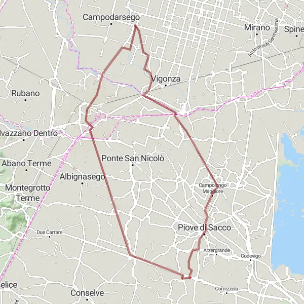Mapa miniatúra "Cyklistický okruh Vigonovo - Padua" cyklistická inšpirácia v Veneto, Italy. Vygenerované cyklistickým plánovačom trás Tarmacs.app