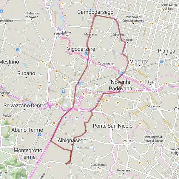 Miniature de la carte de l'inspiration cycliste "Aventure à Noventa Padovana et Albignasego" dans la Veneto, Italy. Générée par le planificateur d'itinéraire cycliste Tarmacs.app
