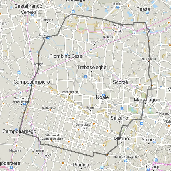 Mapa miniatúra "Cyklistický okruh Camposampiero - Mirano" cyklistická inšpirácia v Veneto, Italy. Vygenerované cyklistickým plánovačom trás Tarmacs.app
