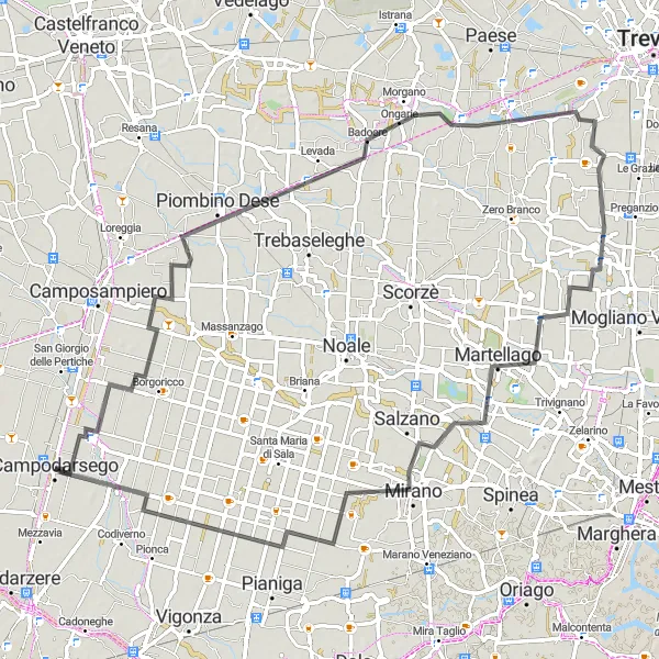 Mapa miniatúra "Cestná trasa cez Borgoricco a Mirano" cyklistická inšpirácia v Veneto, Italy. Vygenerované cyklistickým plánovačom trás Tarmacs.app