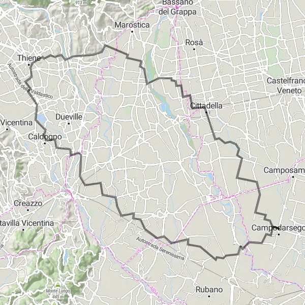 Miniatura della mappa di ispirazione al ciclismo "Ciclismo tra Limena e Cittadella" nella regione di Veneto, Italy. Generata da Tarmacs.app, pianificatore di rotte ciclistiche