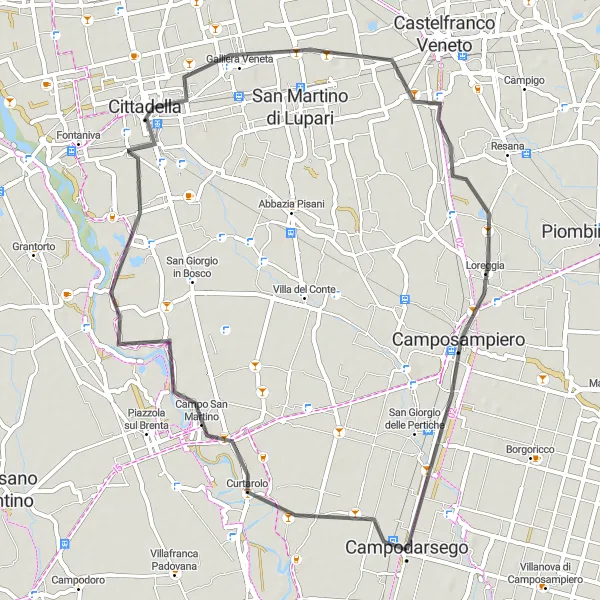 Miniatura della mappa di ispirazione al ciclismo "Tour ciclistico tra Campodarsego e San Giorgio delle Pertiche" nella regione di Veneto, Italy. Generata da Tarmacs.app, pianificatore di rotte ciclistiche