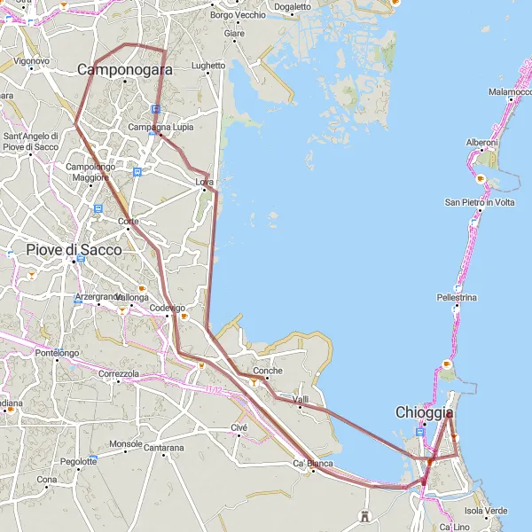 Miniaturní mapa "Gravelový okruh přes Campagna Lupia a Sottomarina" inspirace pro cyklisty v oblasti Veneto, Italy. Vytvořeno pomocí plánovače tras Tarmacs.app