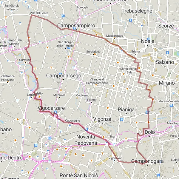Miniatura della mappa di ispirazione al ciclismo "Camponogara - Vigonovo" nella regione di Veneto, Italy. Generata da Tarmacs.app, pianificatore di rotte ciclistiche