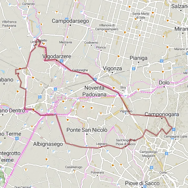 Kartminiatyr av "Grusvei rute til Sacra Famiglia og Limena" sykkelinspirasjon i Veneto, Italy. Generert av Tarmacs.app sykkelrutoplanlegger