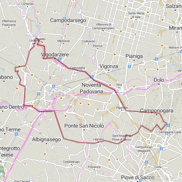 Miniatura della mappa di ispirazione al ciclismo "Camponogara - Sacra Famiglia" nella regione di Veneto, Italy. Generata da Tarmacs.app, pianificatore di rotte ciclistiche