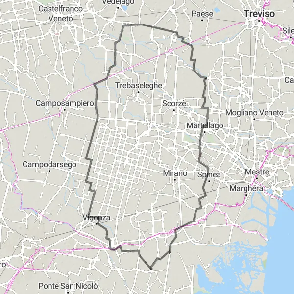 Map miniature of "Vigonza - Piombino Dese - Cavasagra - Zero Branco - Martellago - Spinea - Camponogara" cycling inspiration in Veneto, Italy. Generated by Tarmacs.app cycling route planner