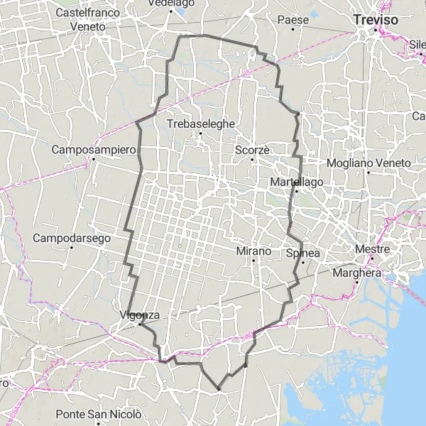 Mapa miniatúra "Venkovská cyklotrasa okolo Camponogary" cyklistická inšpirácia v Veneto, Italy. Vygenerované cyklistickým plánovačom trás Tarmacs.app