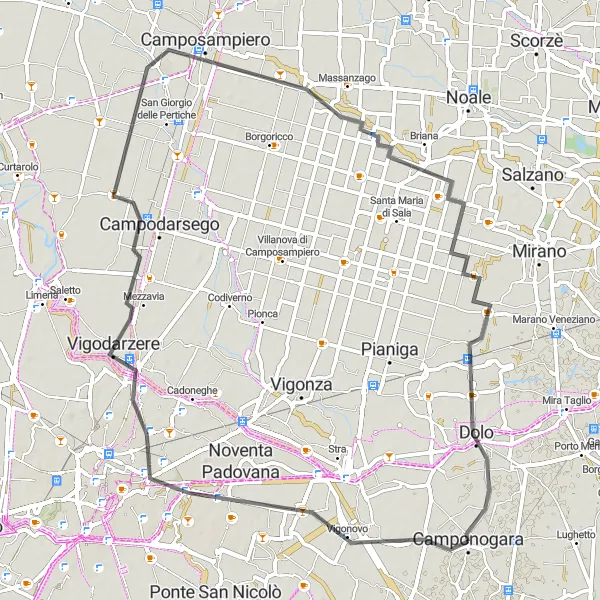 Miniaturní mapa "Okruh přes Fossò, Santa Giustina in Colle a Scaltenigo" inspirace pro cyklisty v oblasti Veneto, Italy. Vytvořeno pomocí plánovače tras Tarmacs.app