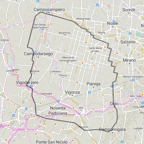 Map miniature of "Camponogara Road Loop" cycling inspiration in Veneto, Italy. Generated by Tarmacs.app cycling route planner