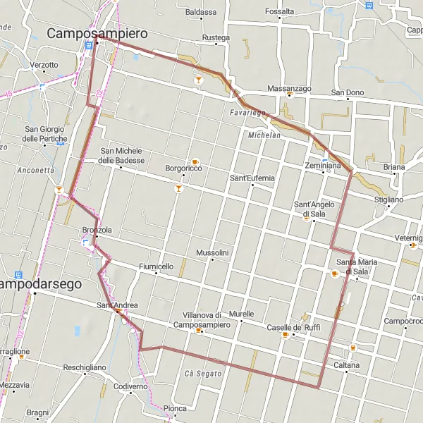 Miniatura della mappa di ispirazione al ciclismo "Esplora in gravel per 36 km vicino a Camposampiero" nella regione di Veneto, Italy. Generata da Tarmacs.app, pianificatore di rotte ciclistiche