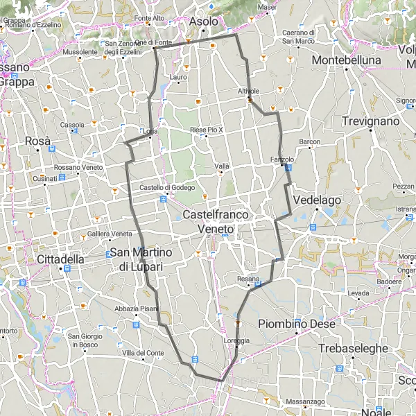 Miniatura mapy "Pętla przez Resanę i Monte Forcelle" - trasy rowerowej w Veneto, Italy. Wygenerowane przez planer tras rowerowych Tarmacs.app