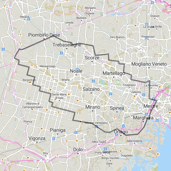 Mapa miniatúra "Cyklistická Trasa cez Trebaseleghe a Mestre" cyklistická inšpirácia v Veneto, Italy. Vygenerované cyklistickým plánovačom trás Tarmacs.app