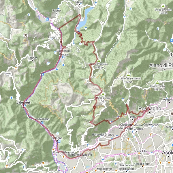 Miniatua del mapa de inspiración ciclista "Viaje de regreso a Caniezza - Monte Grappa" en Veneto, Italy. Generado por Tarmacs.app planificador de rutas ciclistas