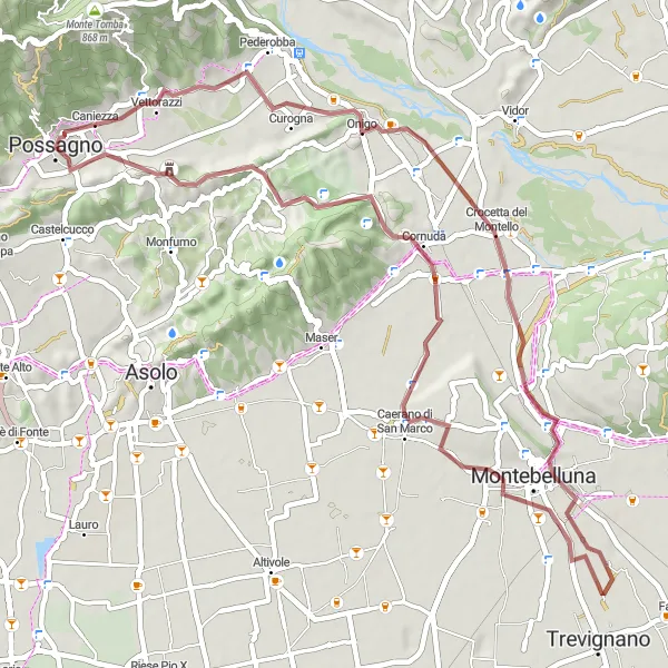 Miniaturekort af cykelinspirationen "Gravel Tur i Montello" i Veneto, Italy. Genereret af Tarmacs.app cykelruteplanlægger